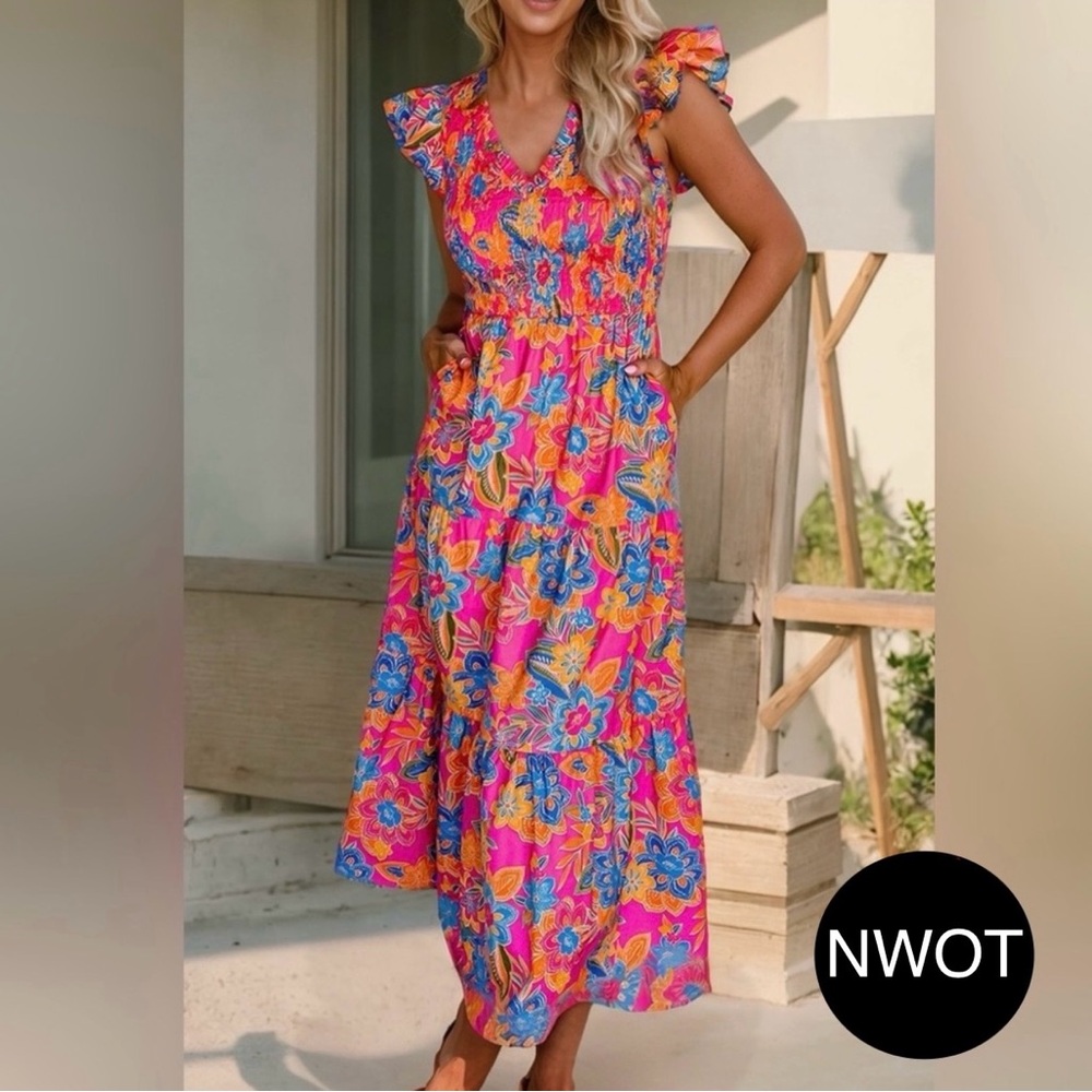 Pink Floral, Boho Ruffle Maxi Dress - NWOT